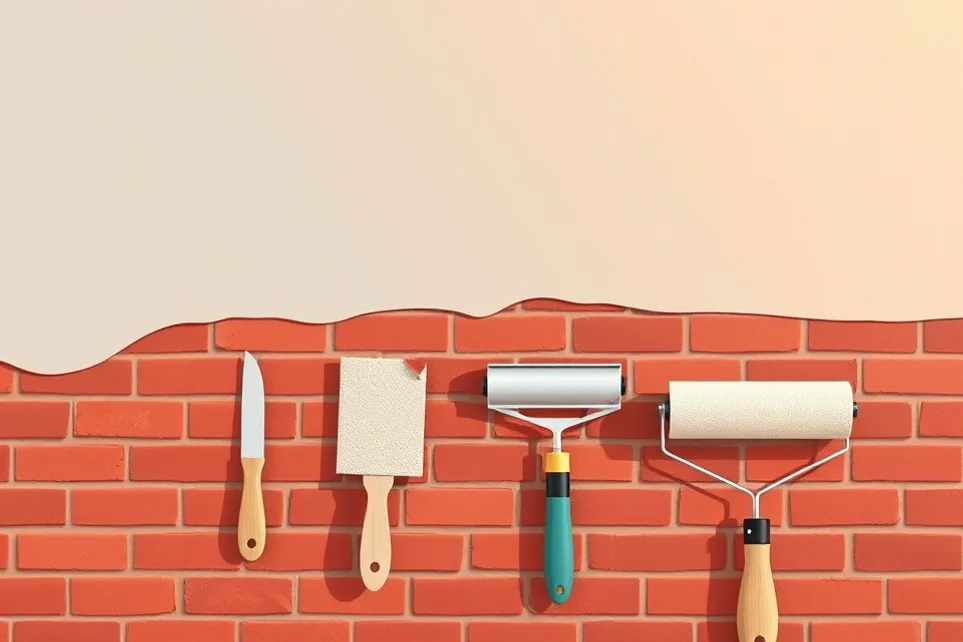 Outils de peinture disposés dans l'ordre des étapes du chantier