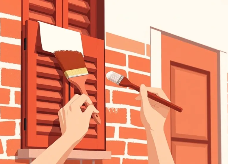 Mise en peinture au pinceau de volets et d'encadrements en bois