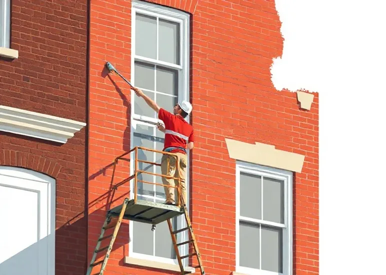 Peintre sur échafaudage traitant la façade d'une maison